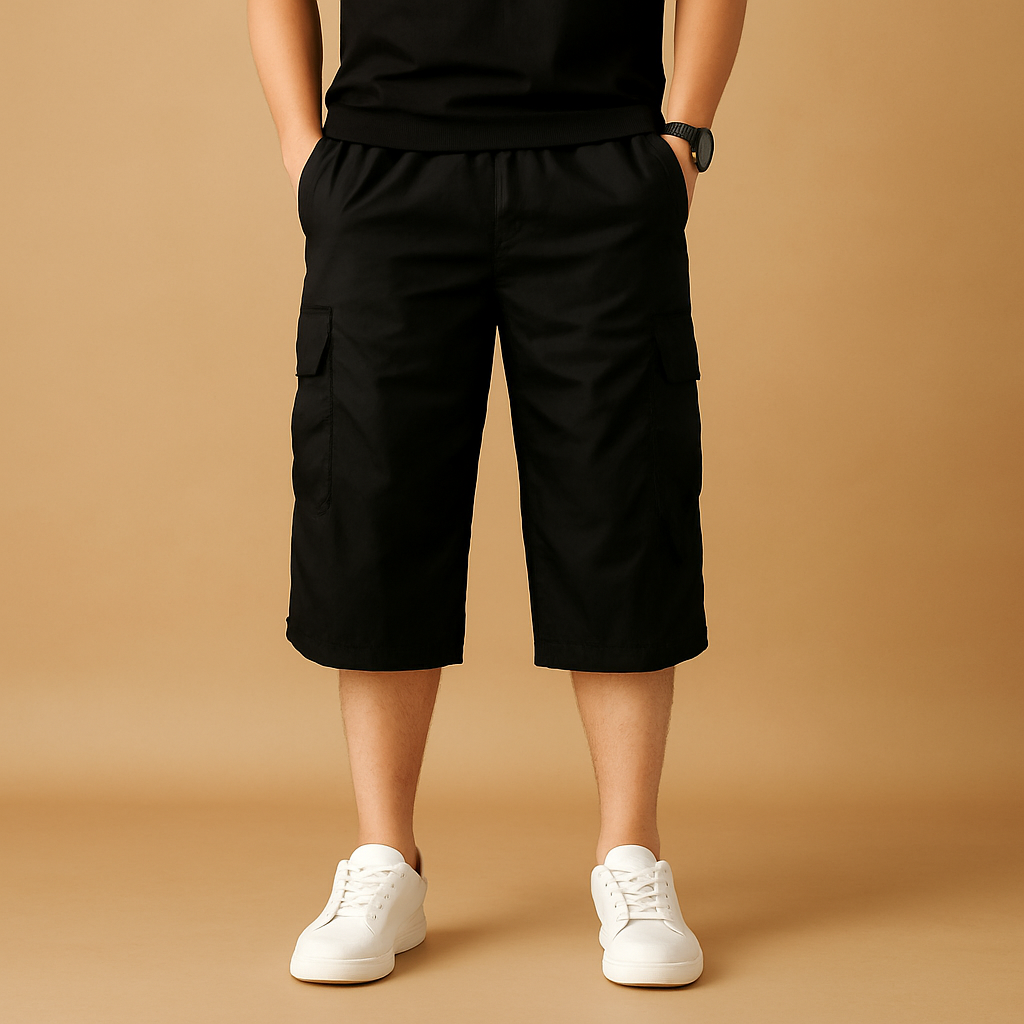 Men’s long cargo shorts made from breathable cotton with multiple pockets, available in gray, khaki, green, black, and navy for summer wear.
