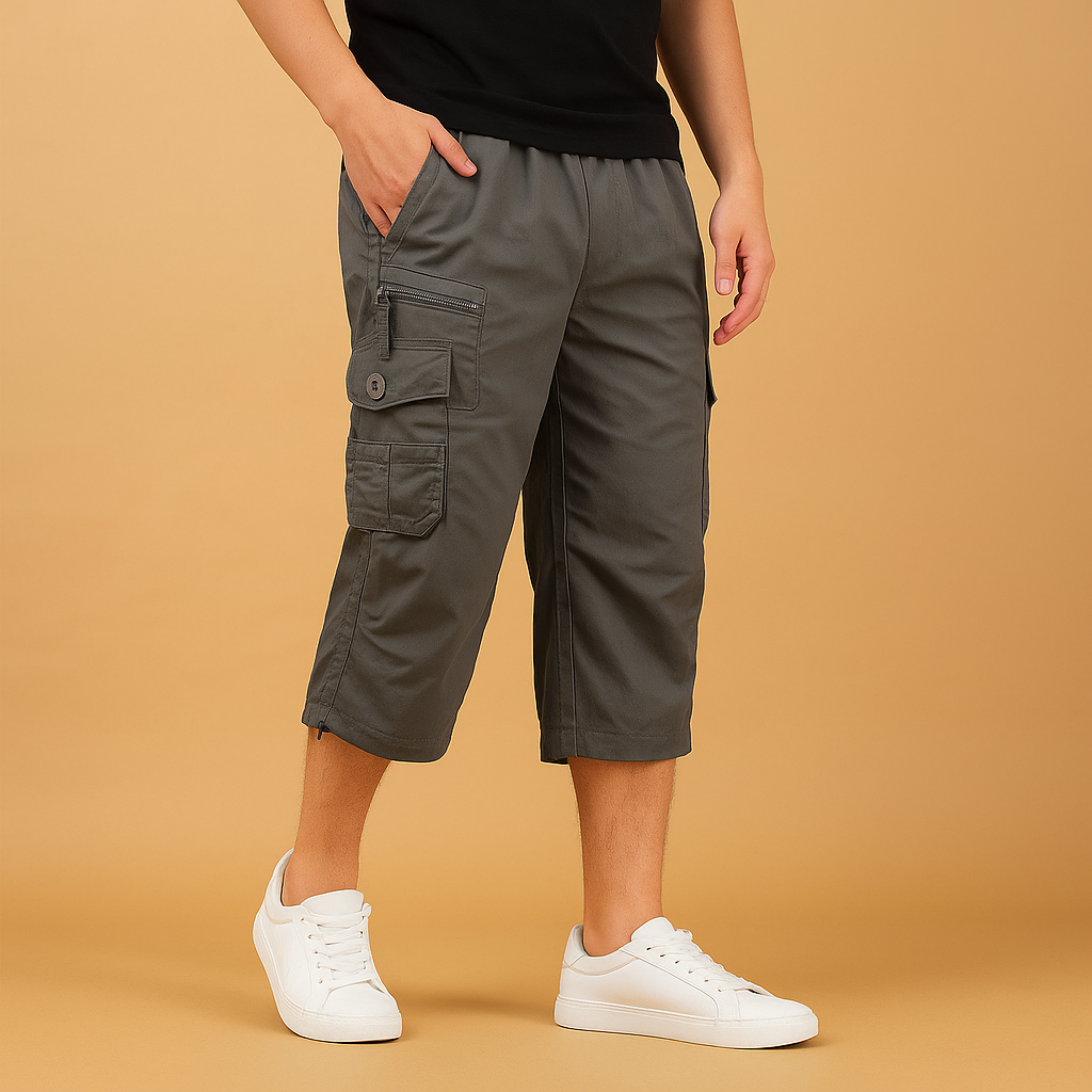Men’s long cargo shorts made from breathable cotton with multiple pockets, available in gray, khaki, green, black, and navy for summer wear.