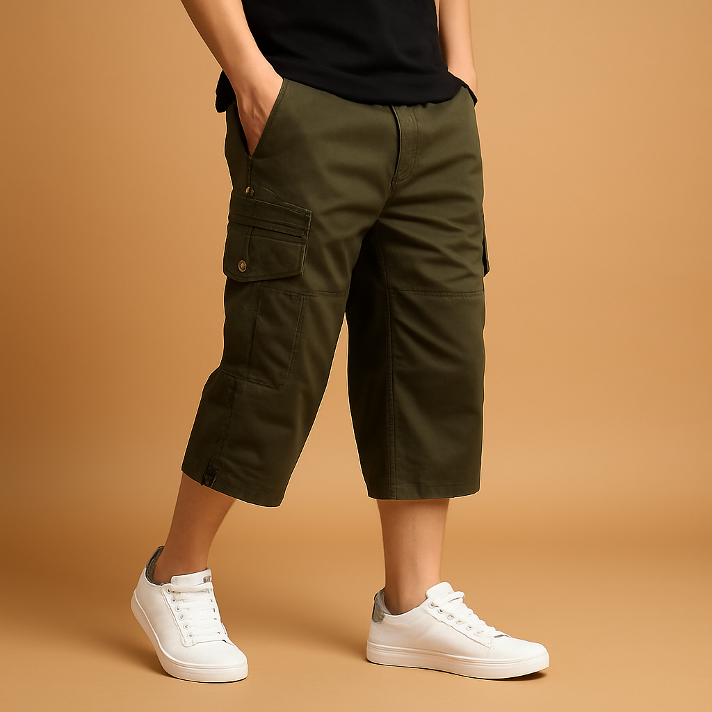 Men’s long cargo shorts made from breathable cotton with multiple pockets, available in gray, khaki, green, black, and navy for summer wear.