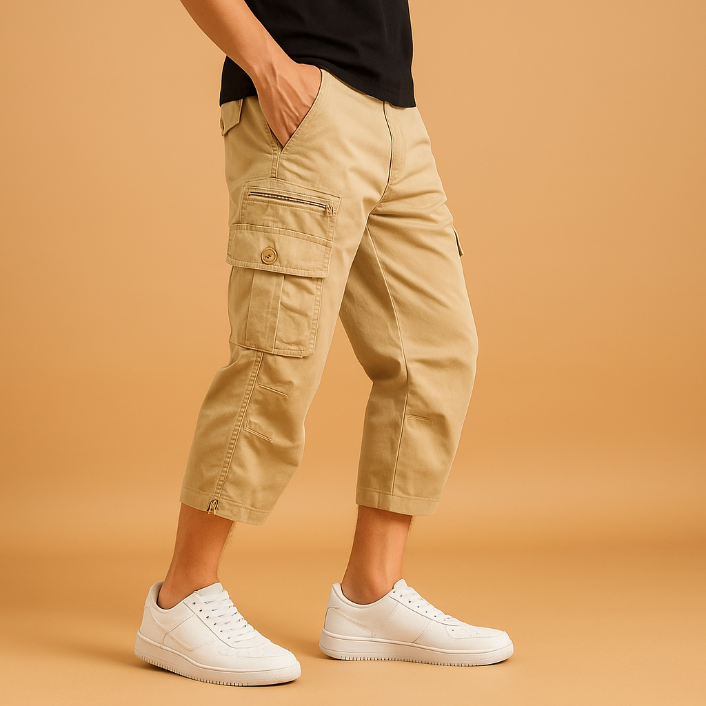 Men’s long cargo shorts made from breathable cotton with multiple pockets, available in gray, khaki, green, black, and navy for summer wear.