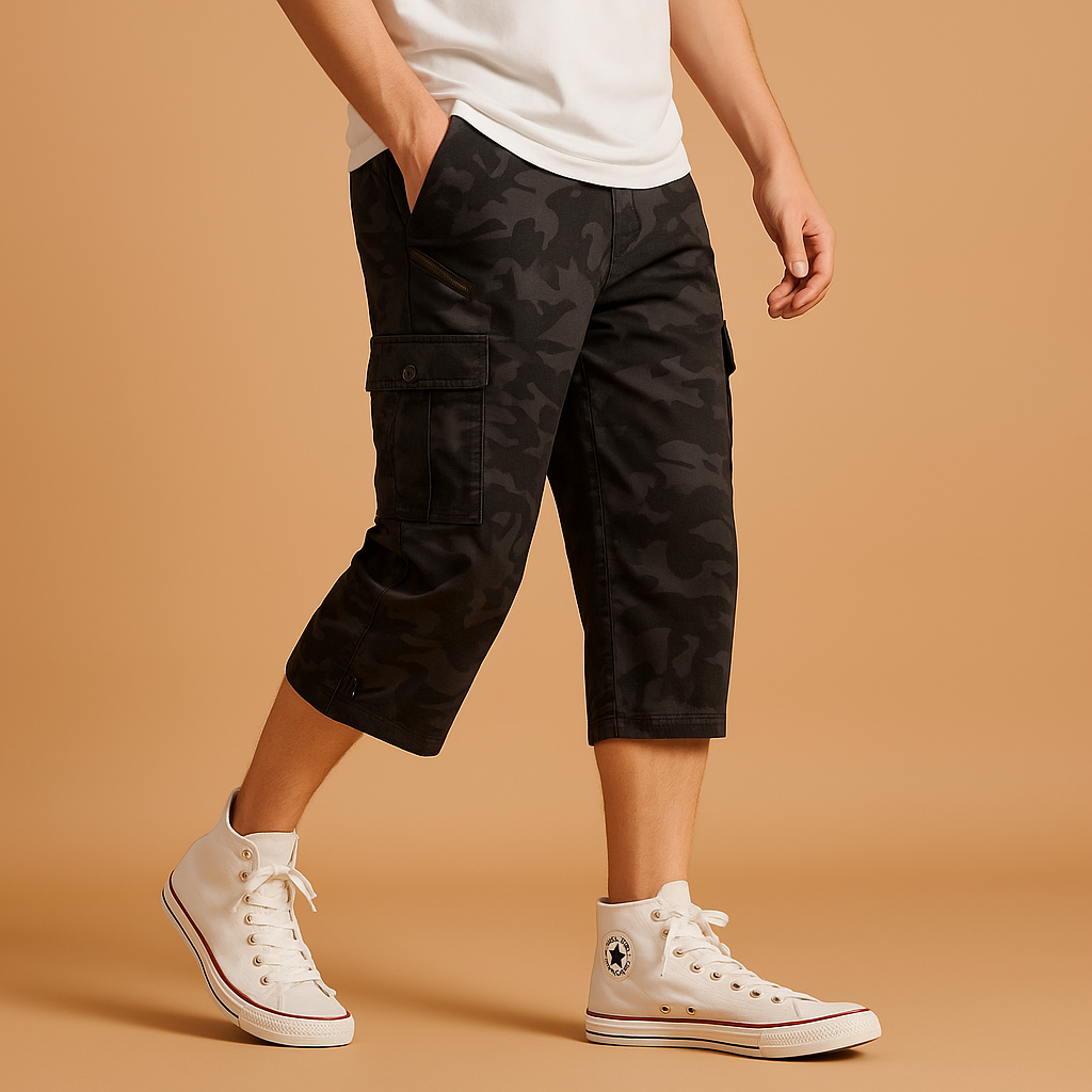 Men’s long cargo shorts made from breathable cotton with multiple pockets, available in gray, khaki, green, black, and navy for summer wear.