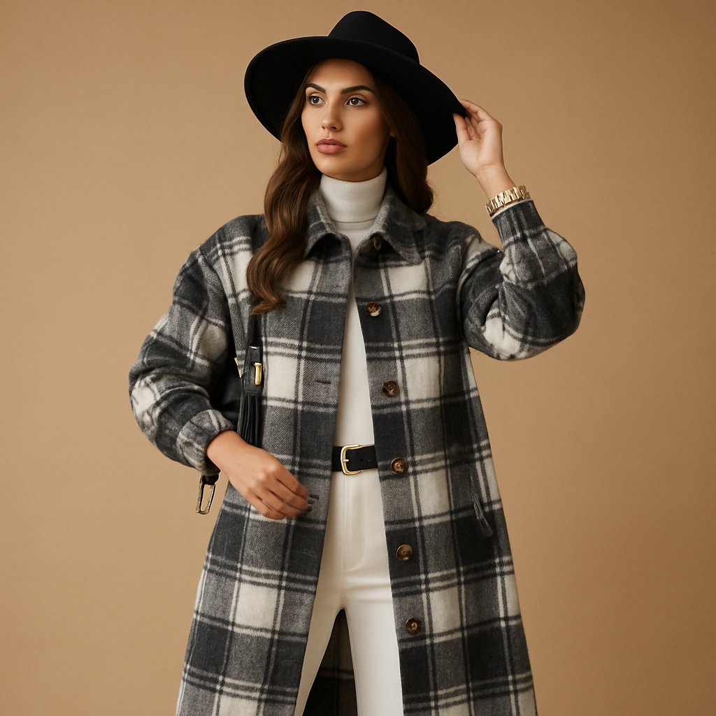 Women’s long checkered coat in brown, light khaki, or green. Tailored fit with classic lapel and button closure, made with soft wool-look fabric.