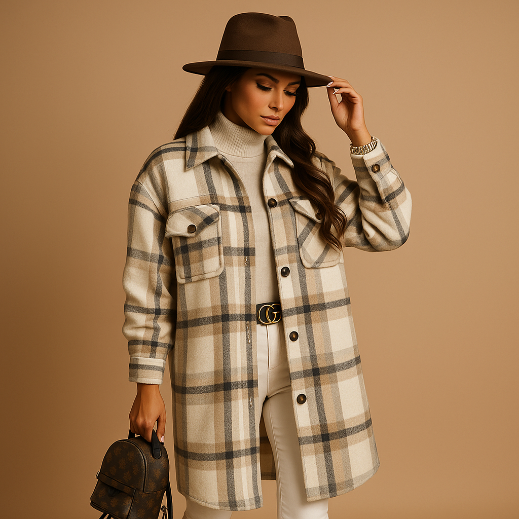 Women’s long checkered coat in brown, light khaki, or green. Tailored fit with classic lapel and button closure, made with soft wool-look fabric.