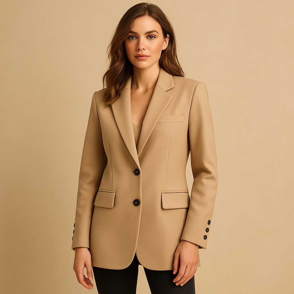 Long elegant blazer for women in classic neutral tones, featuring a timeless silhouette and comfortable fit for both formal and casual outfits.