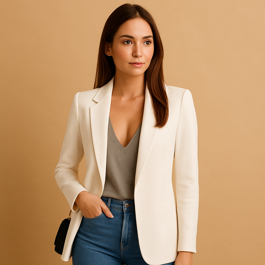 Long elegant blazer for women with slim silhouette and premium fabric, ideal for office, formal events or stylish casual outfits.