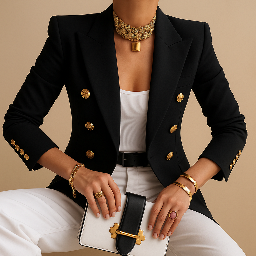 Long elegant blazer for women with a refined silhouette, available in black, beige and gray, ideal for work and stylish daily outfits.