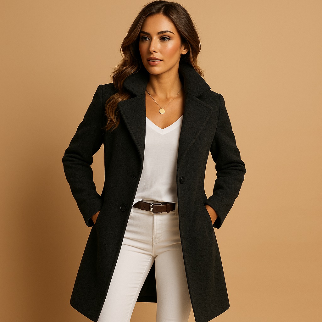 Women’s long elegant coat with button closure, classic collar, and tailored fit. Available in Grey, Dark Grey, Camel, and Black.