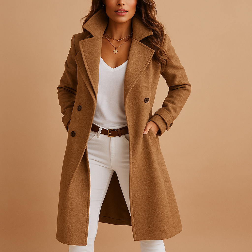 Women’s long elegant coat with button closure, classic collar, and tailored fit. Available in Grey, Dark Grey, Camel, and Black.
