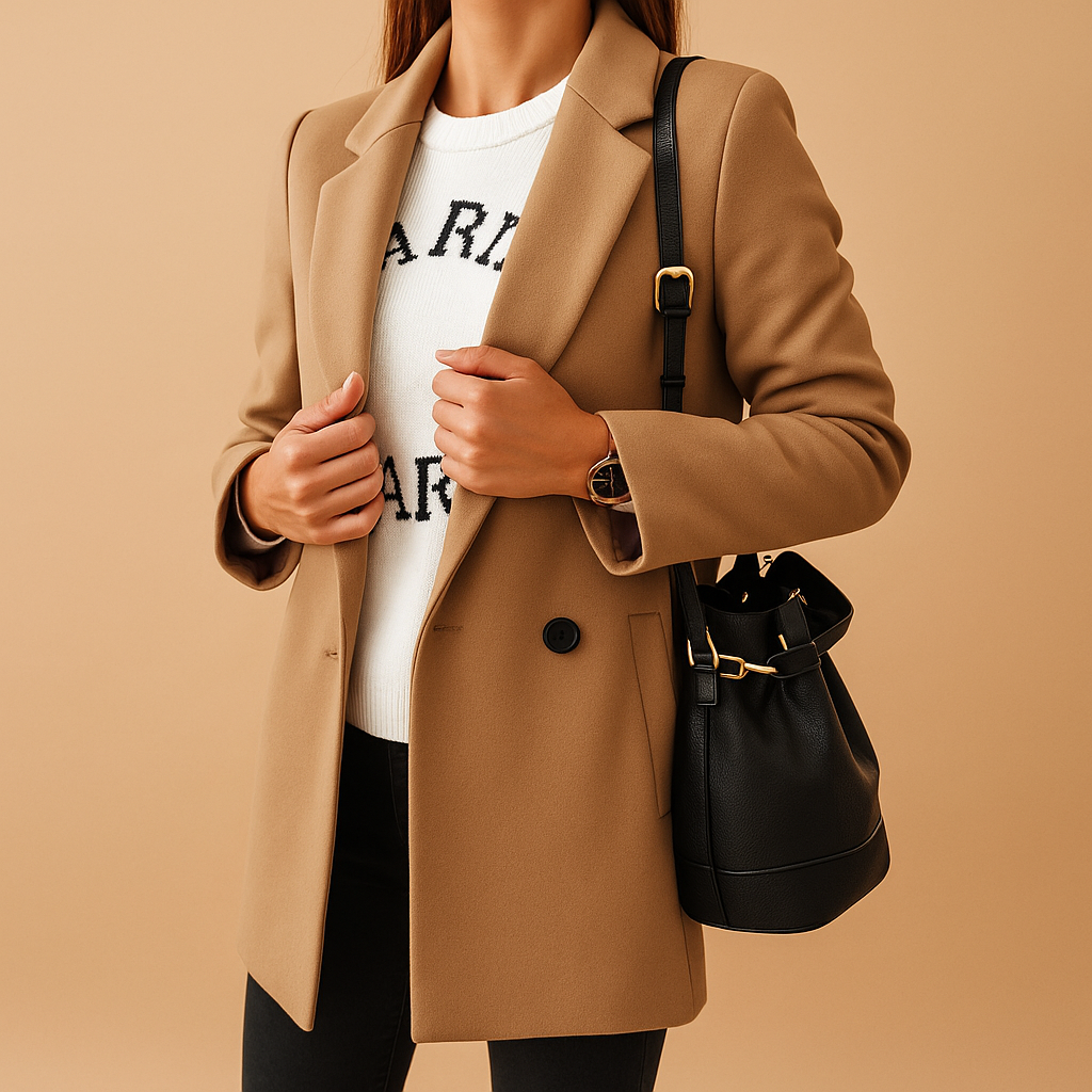 Women’s long elegant jacket with classic silhouette, refined finish, and flattering cut. Available in neutral tones for versatile autumn and winter wear.