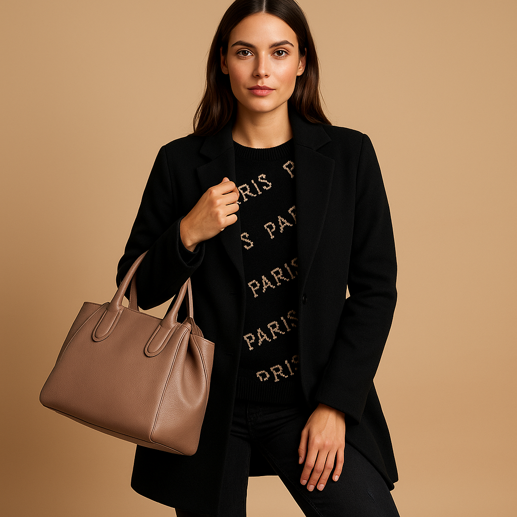 Women’s long elegant jacket with classic silhouette, refined finish, and flattering cut. Available in neutral tones for versatile autumn and winter wear.