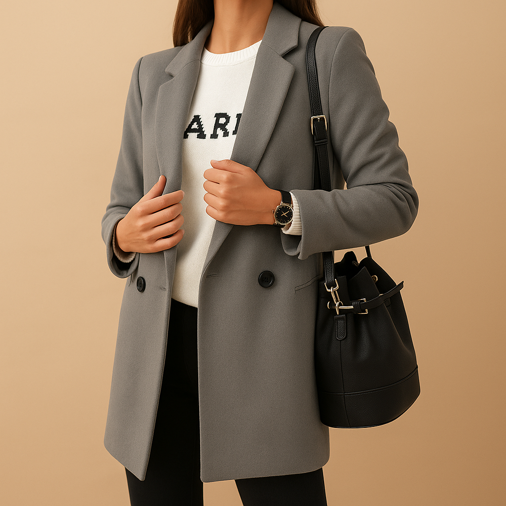 Hannah long elegant jacket for women with flattering cut, classic silhouette, and refined details. Available in versatile neutral tones for all seasons.
