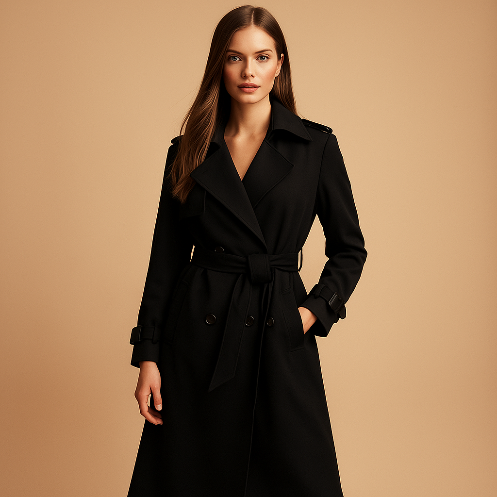 Women’s long elegant winter coat with double-button closure, tailored fit, and luxurious insulation. Perfect for business, formal, and stylish winter looks.