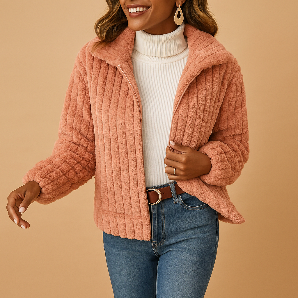 Women’s long fleece jacket with stand collar, soft fabric, side pockets, and timeless design, ideal for casual wear or layered winter outfits.