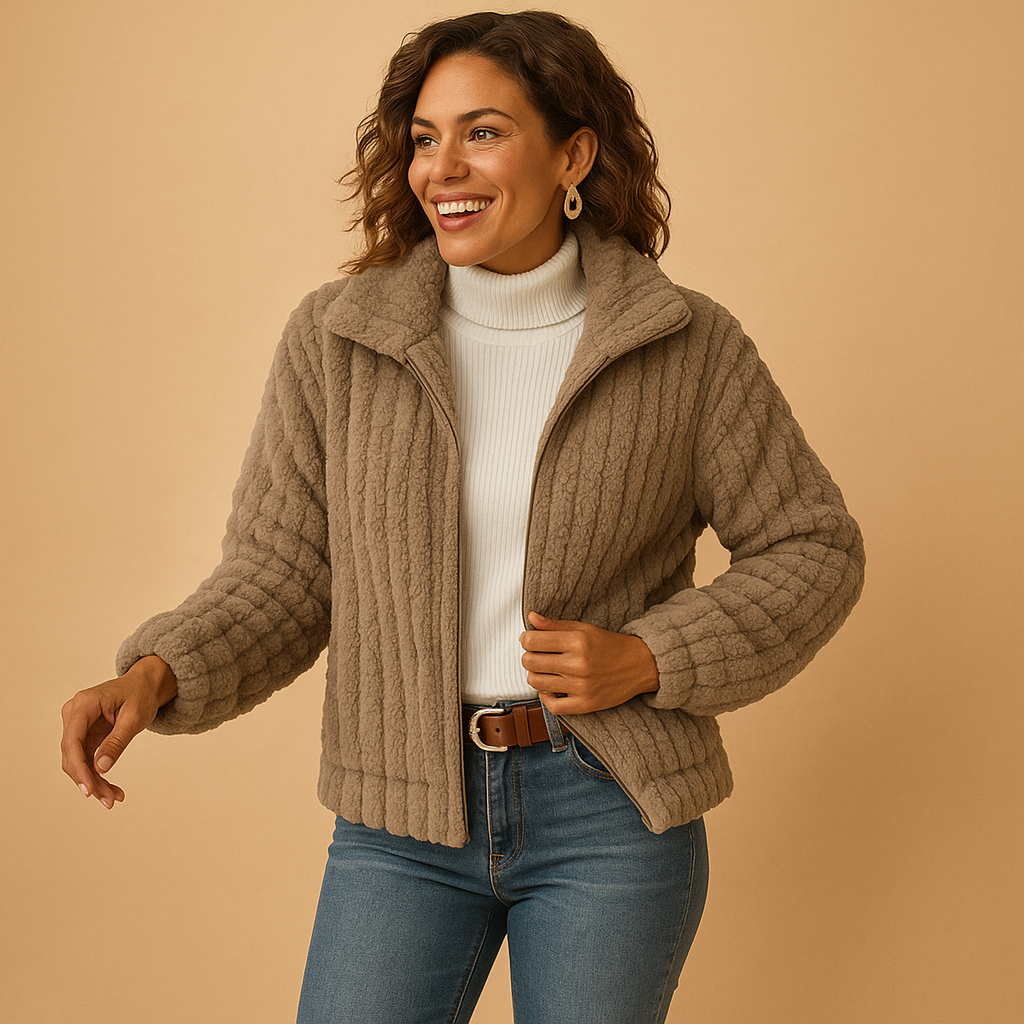 Women’s long fleece jacket with stand collar, soft fabric, side pockets, and timeless design, ideal for casual wear or layered winter outfits.
