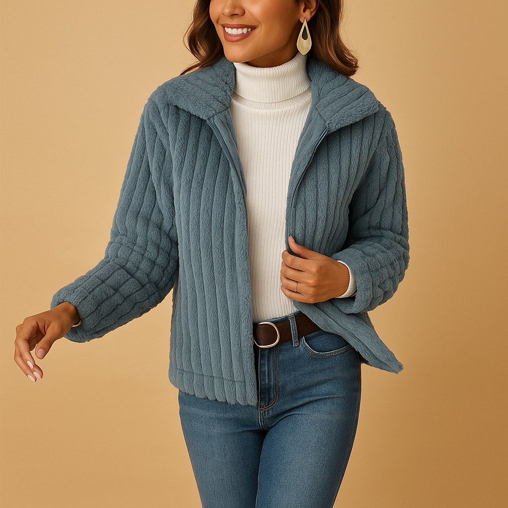 Women’s long fleece jacket with stand collar, soft fabric, side pockets, and timeless design, ideal for casual wear or layered winter outfits.