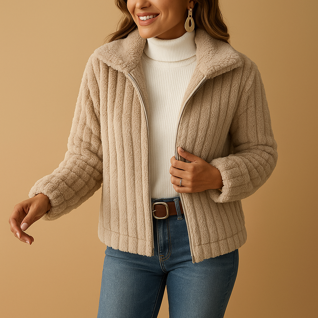 Women’s long fleece jacket with stand collar, soft fabric, side pockets, and timeless design, ideal for casual wear or layered winter outfits.