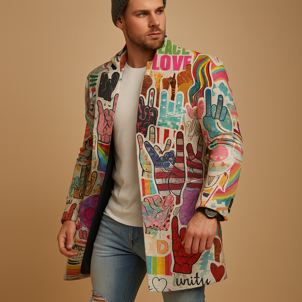 Men’s long graphic coat with modern pattern and tailored fit, ideal for all seasons and elegant everyday wear.