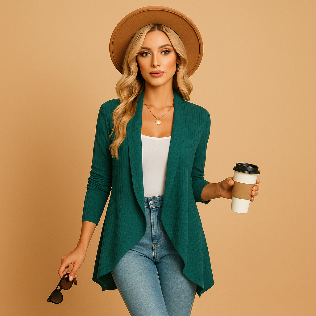 Women’s long knitted cardigan with soft texture and relaxed fit. Elegant layering piece in solid colors, ideal for work, casual outfits, and seasonal wear.