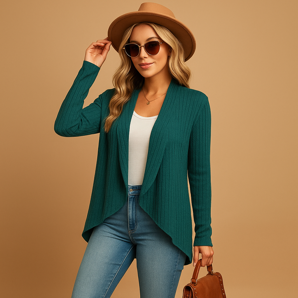 Women’s long knitted cardigan with soft texture and relaxed fit. Elegant layering piece in solid colors, ideal for work, casual outfits, and seasonal wear.