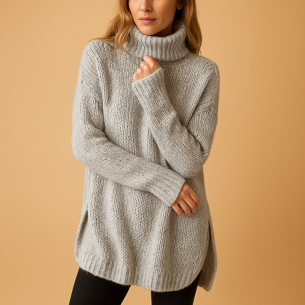 Women’s long knitted sweater with carbon-inspired print in black and grey, offering warmth, comfort, and timeless style for autumn and winter.