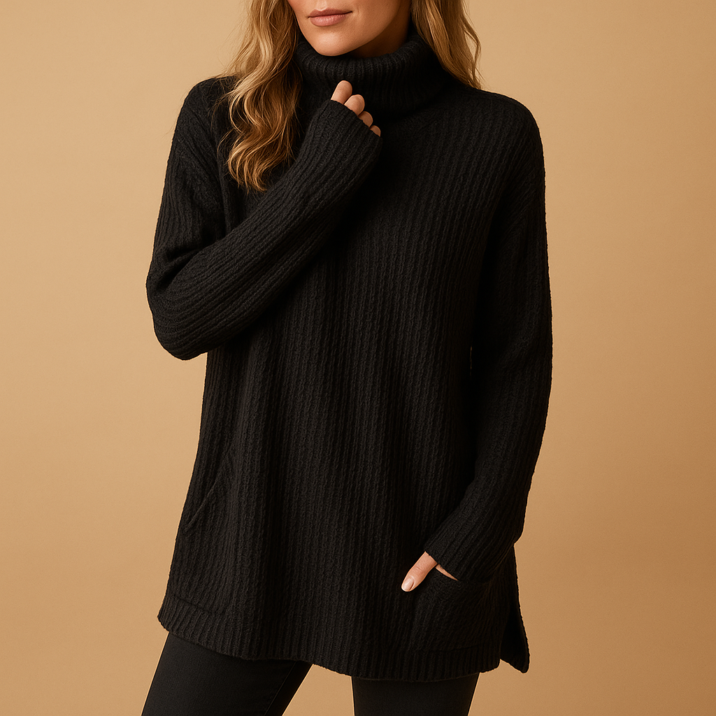 Women’s long knitted sweater with carbon-inspired print in black and grey, offering warmth, comfort, and timeless style for autumn and winter.