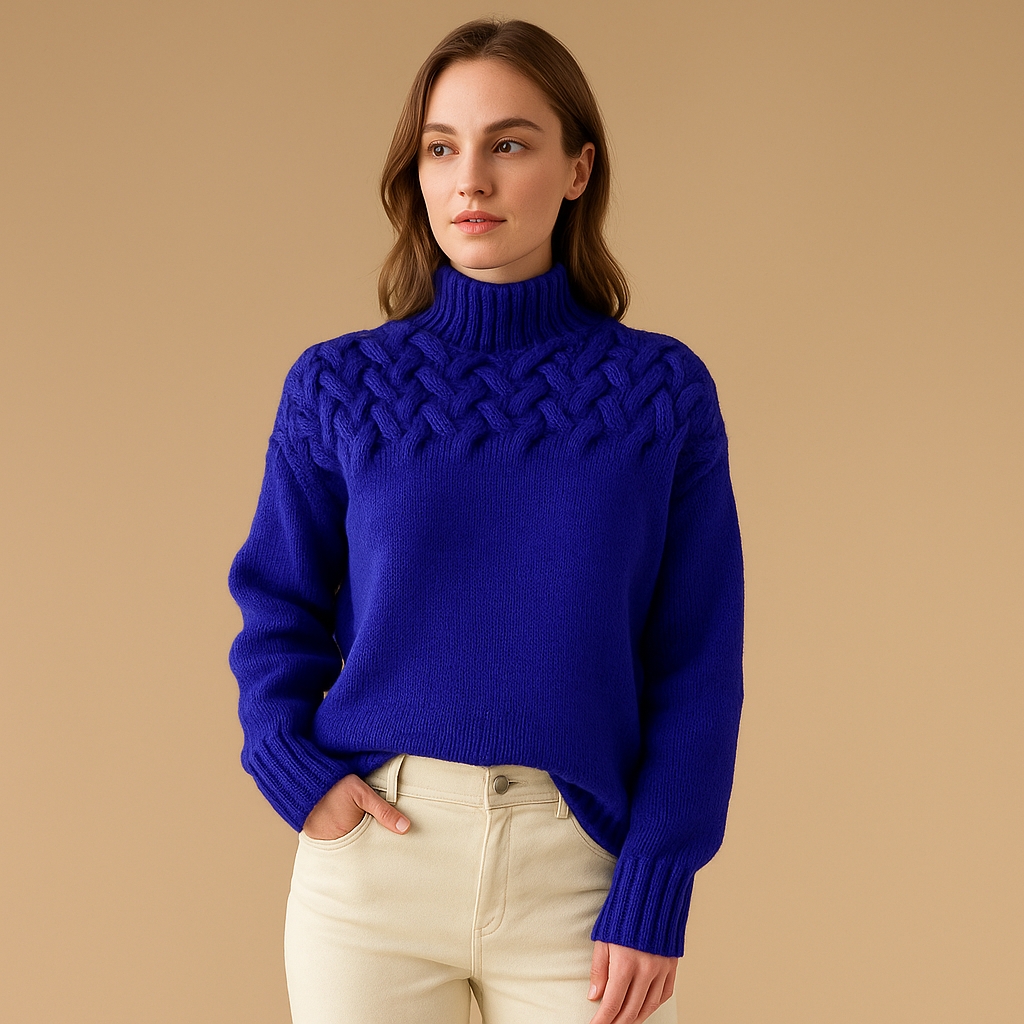 Women’s long knitted turtleneck sweater with flattering fit and soft cozy design, perfect for casual or elegant autumn and winter outfits.