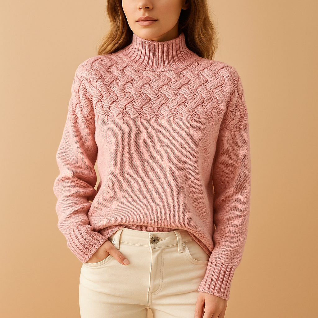 Women’s long knitted turtleneck sweater in pink, green, and blue with soft breathable fabric and extended silhouette, perfect for winter layering.