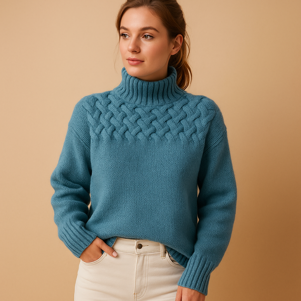 Women’s long knitted turtleneck sweater with flattering fit and soft cozy design, perfect for casual or elegant autumn and winter outfits.
