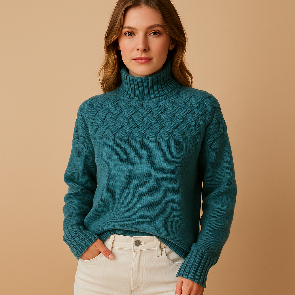 Women’s long knitted turtleneck sweater in pink, green, and blue with soft breathable fabric and extended silhouette, perfect for winter layering.