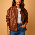 Naomi long leather coat for women with tailored fit, extended length, and baseball-style details. Available in Black, Brown, and Beige.