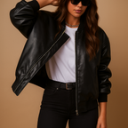 Naomi long leather coat for women with tailored fit, extended length, and baseball-style details. Available in Black, Brown, and Beige.