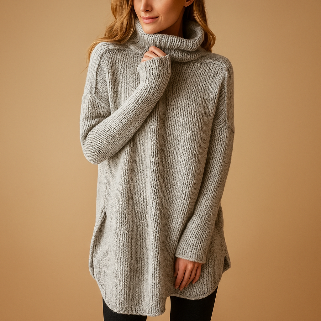 Women’s long printed sweater with flattering silhouette, classic neckline, and timeless black and grey design, perfect for stylish winter outfits.