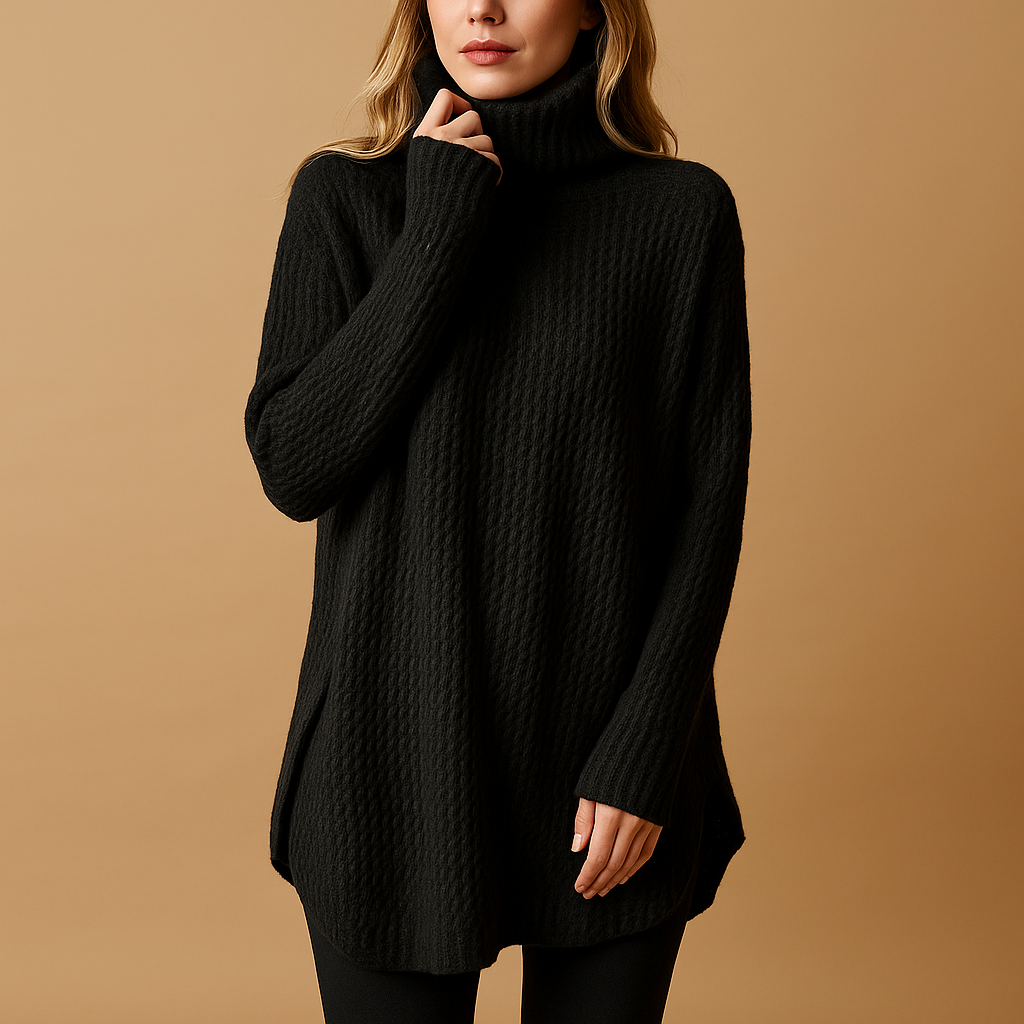 Women’s long printed sweater with flattering silhouette, classic neckline, and timeless black and grey design, perfect for stylish winter outfits.