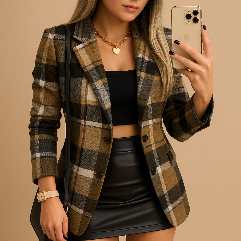 Women's long quilted checkered blazer with padded lining and button closure, ideal for winter days and both casual and formal outfits.