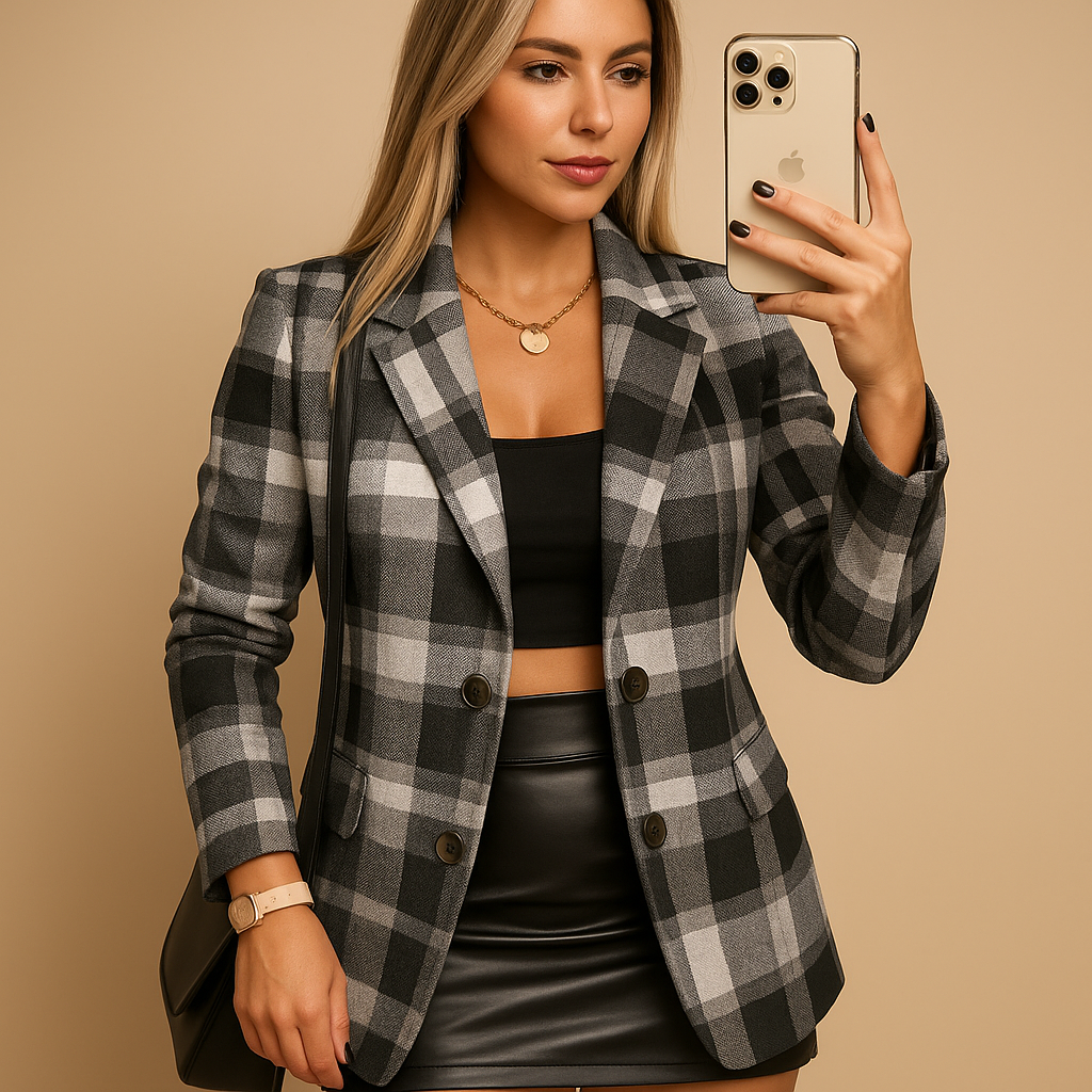 Women's long quilted checkered blazer with padded lining and button closure, ideal for winter days and both casual and formal outfits.