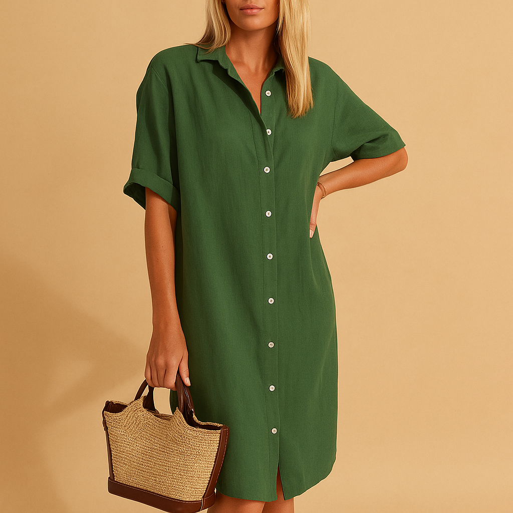 Women’s long shirt dress with short sleeves and relaxed fit, available in multiple colors. Perfect for casual days, office wear, or summer parties.