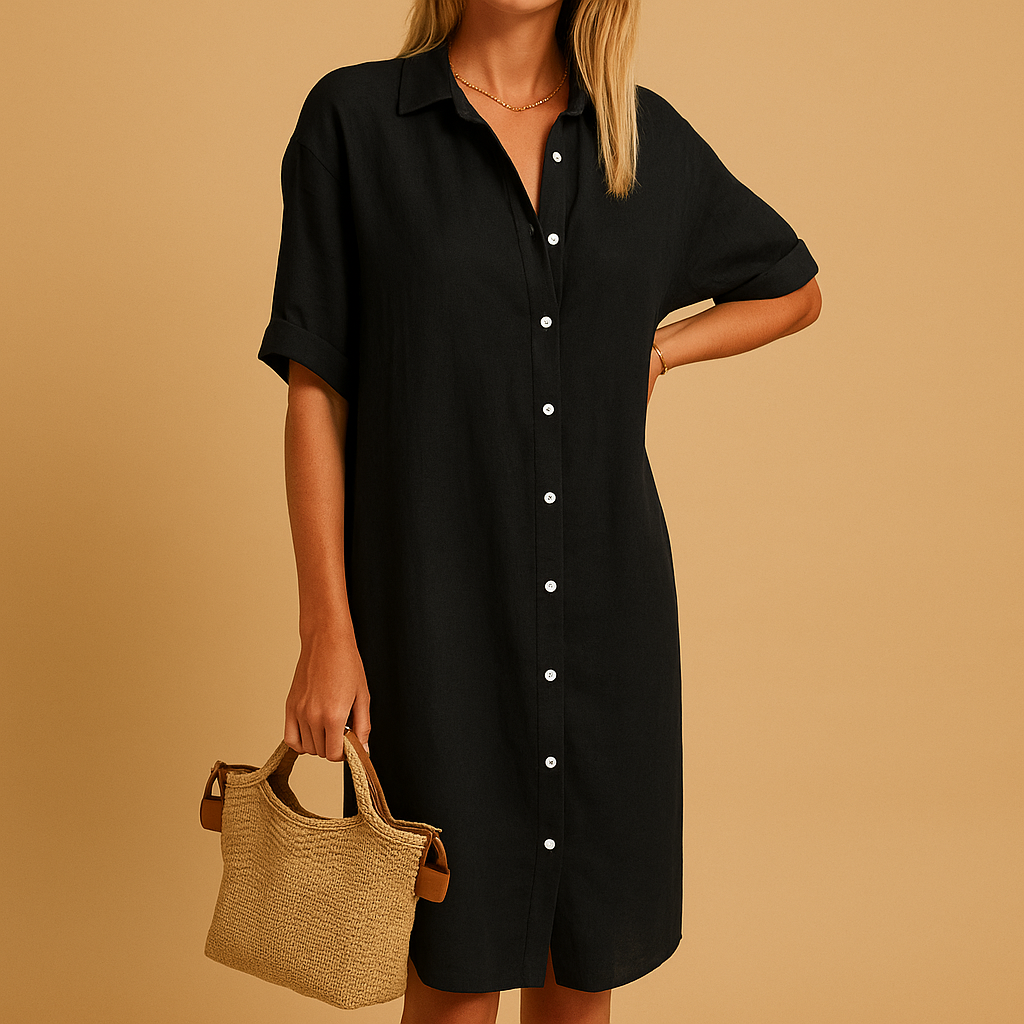 Women’s long shirt dress with short sleeves and relaxed fit, available in multiple colors. Perfect for casual days, office wear, or summer parties.