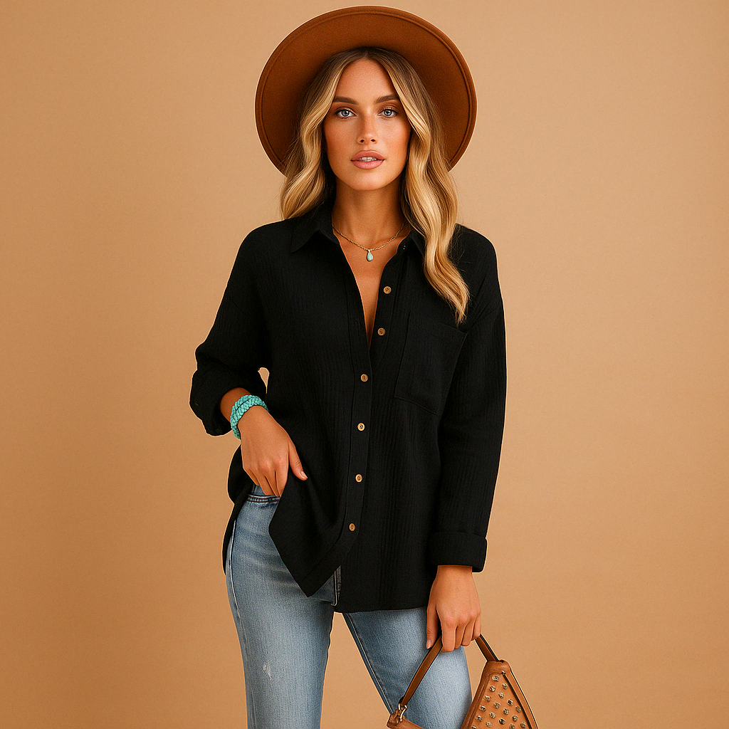 Elegant long sleeve polo shirt for women with a classic collar, button closure, and chest pocket, perfect for work or casual wear.