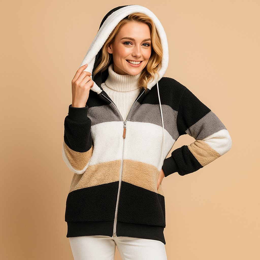 Long plush winter coat for women in warm neutral colors, offering cozy comfort and elegant style for cold days.