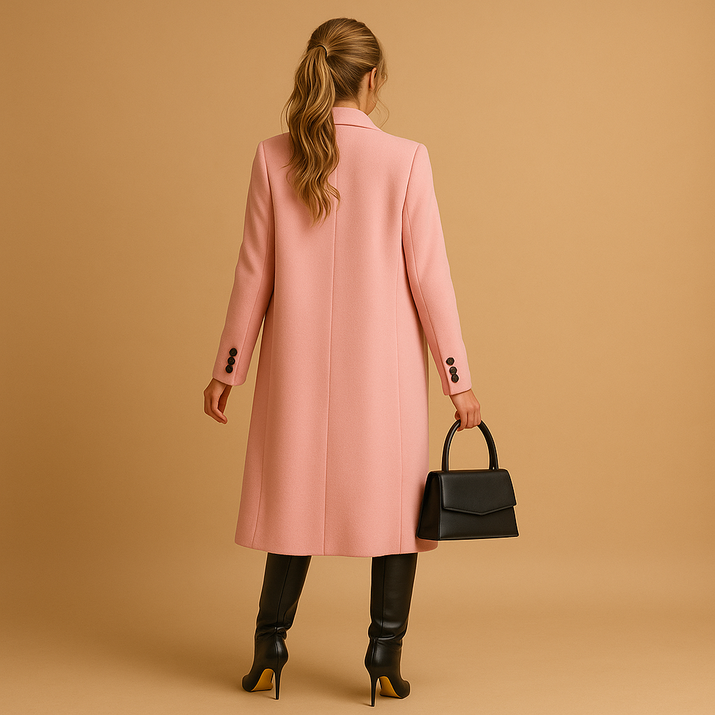 Women’s long winter coat with slim tailored cut, soft inner lining, and modern design. Available in pink, beige, gray, black, army green, and brown.