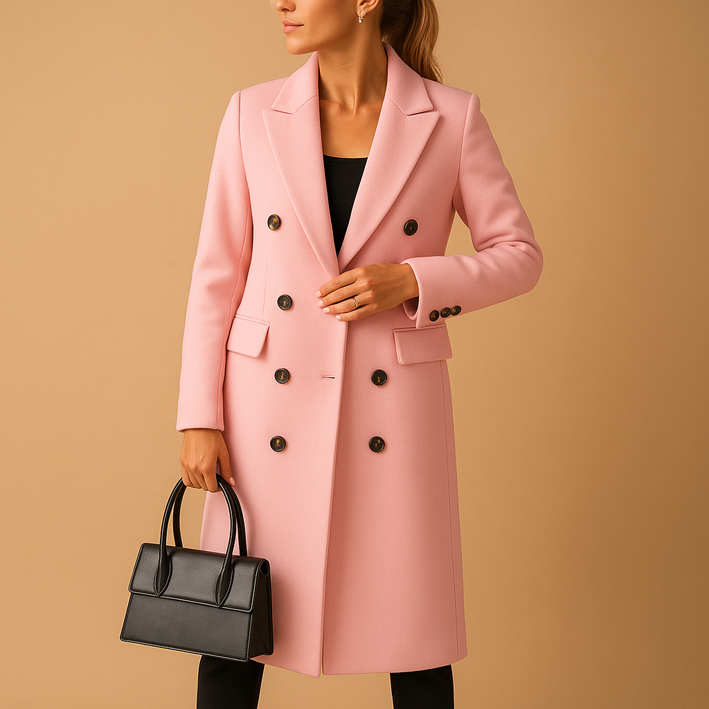 Women’s long winter coat with slim tailored cut, soft inner lining, and modern design. Available in pink, beige, gray, black, army green, and brown.