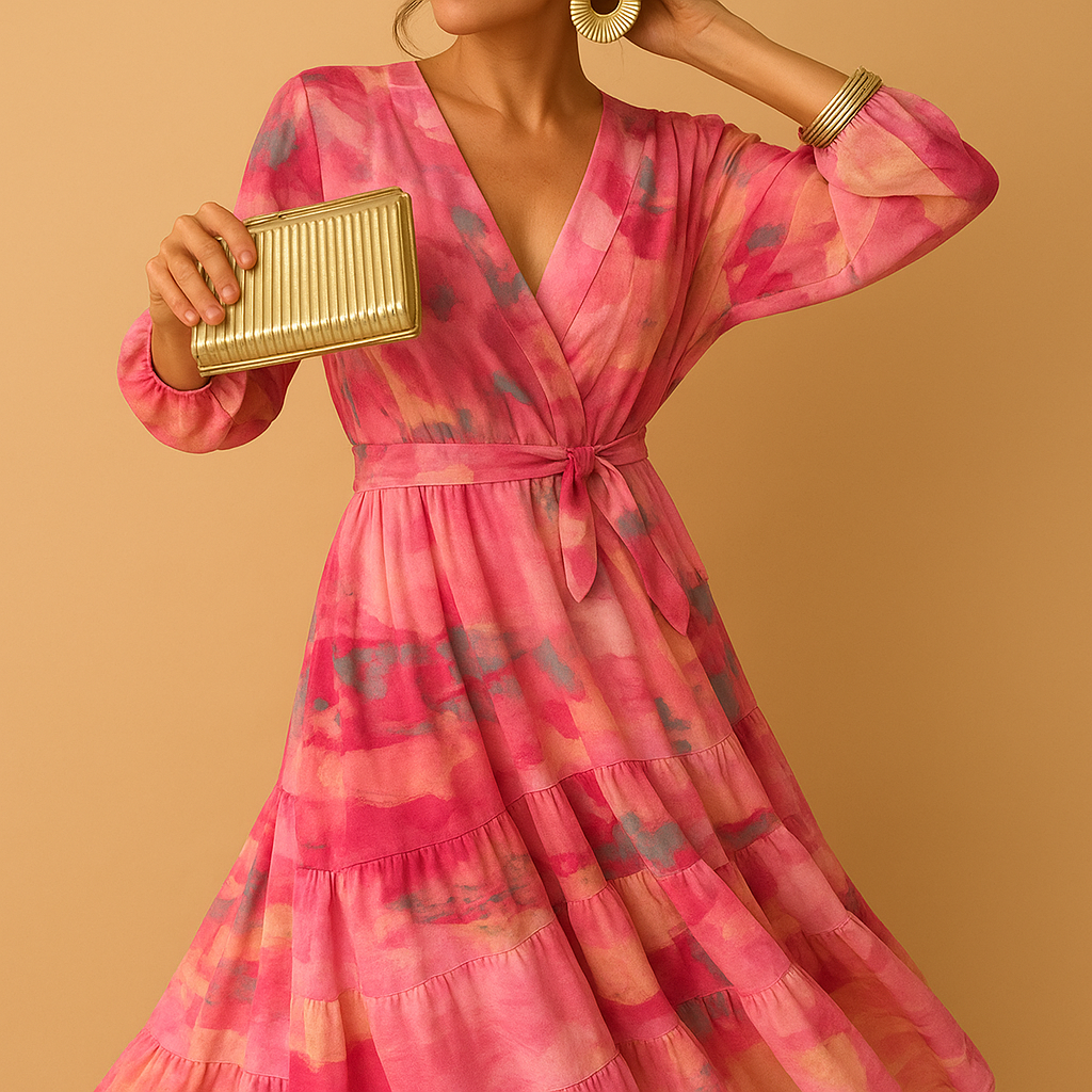 Elegant long summer dress for women with breathable fabric, A-line silhouette, and long sleeves, ideal for casual and semi-formal occasions.