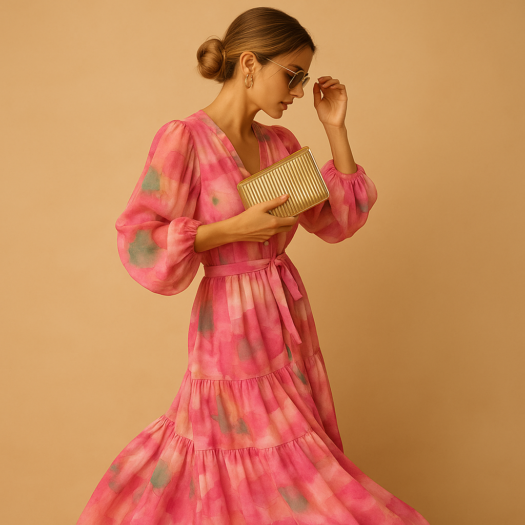 Elegant long summer dress for women with breathable fabric, A-line silhouette, and long sleeves, ideal for casual and semi-formal occasions.