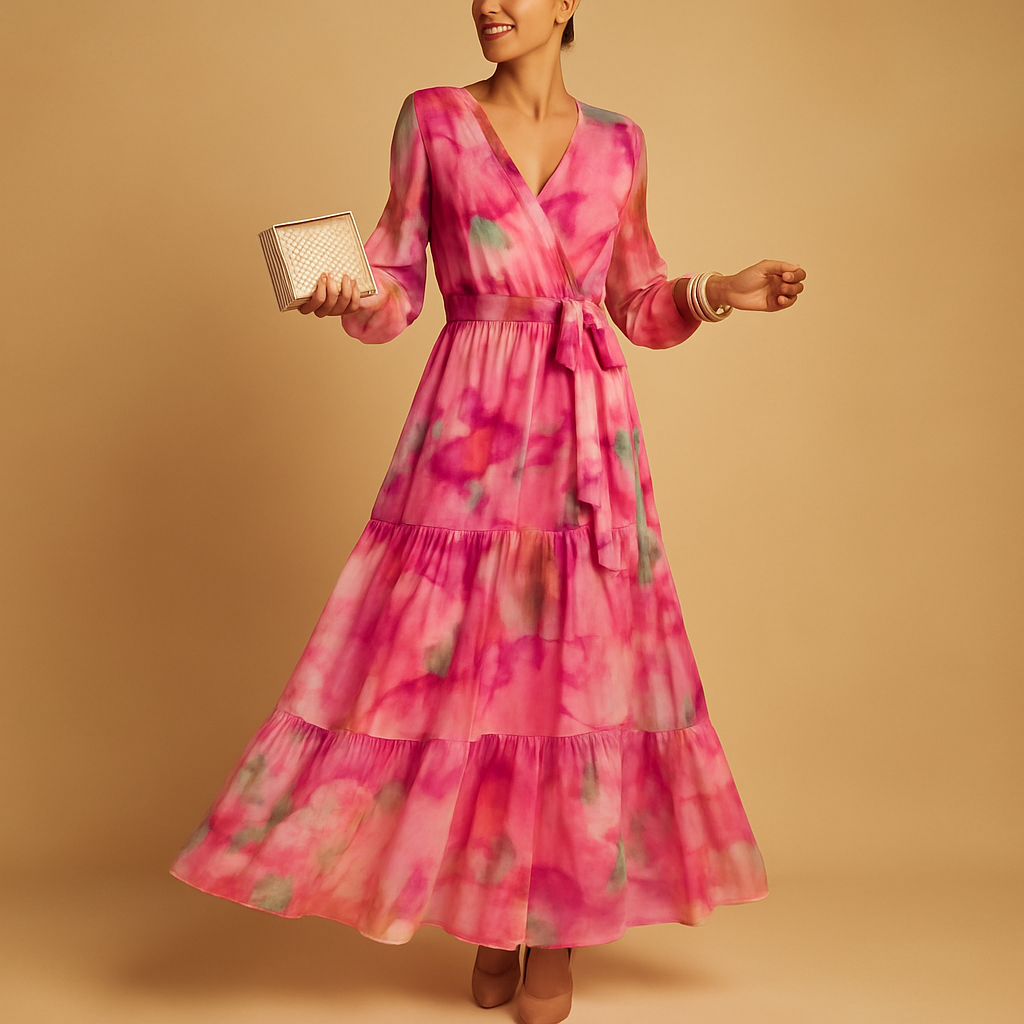 Elegant long summer dress for women with breathable fabric, A-line silhouette, and long sleeves, ideal for casual and semi-formal occasions.