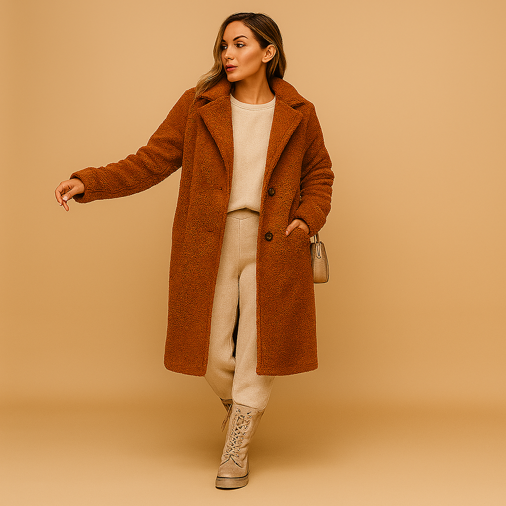 Long teddy coat for women in beige with ultra-soft fabric, elegant cut, and modern style. Perfect for staying warm with elegance in winter.