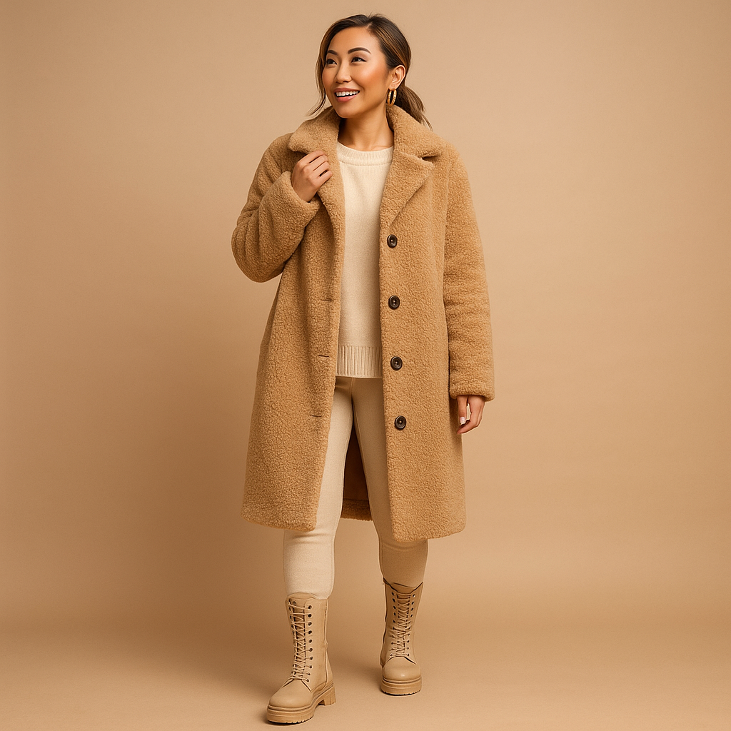 Long teddy coat for women in beige with ultra-soft fabric, elegant cut, and modern style. Perfect for staying warm with elegance in winter.