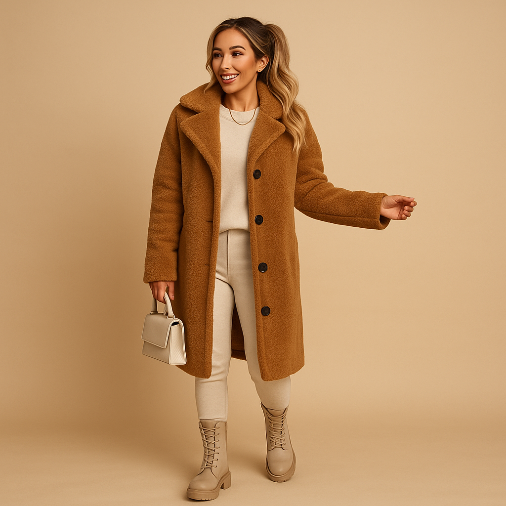 Long teddy coat for women in beige with ultra-soft fabric, elegant cut, and modern style. Perfect for staying warm with elegance in winter.