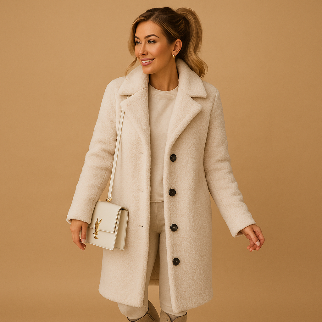 Long teddy coat for women in beige with ultra-soft fabric, elegant cut, and modern style. Perfect for staying warm with elegance in winter.