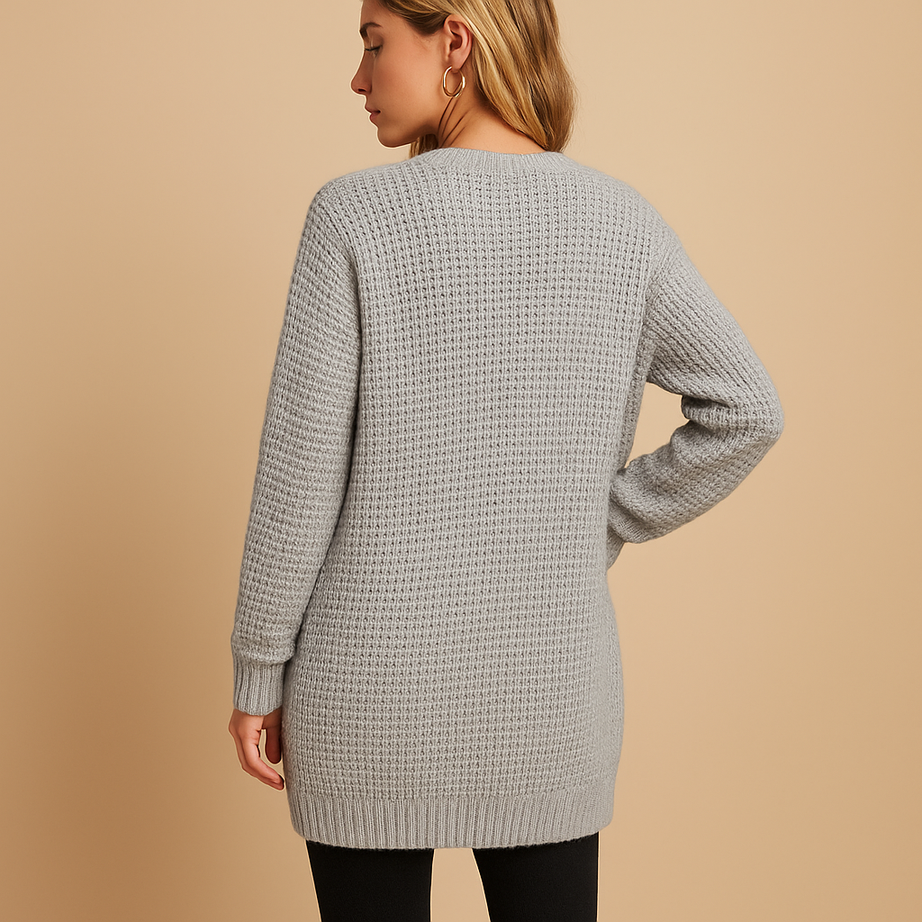 Women’s long V-neck cardigan with relaxed fit, breathable soft fabric, and solid colors. Ideal for work, casual wear, or winter layering.