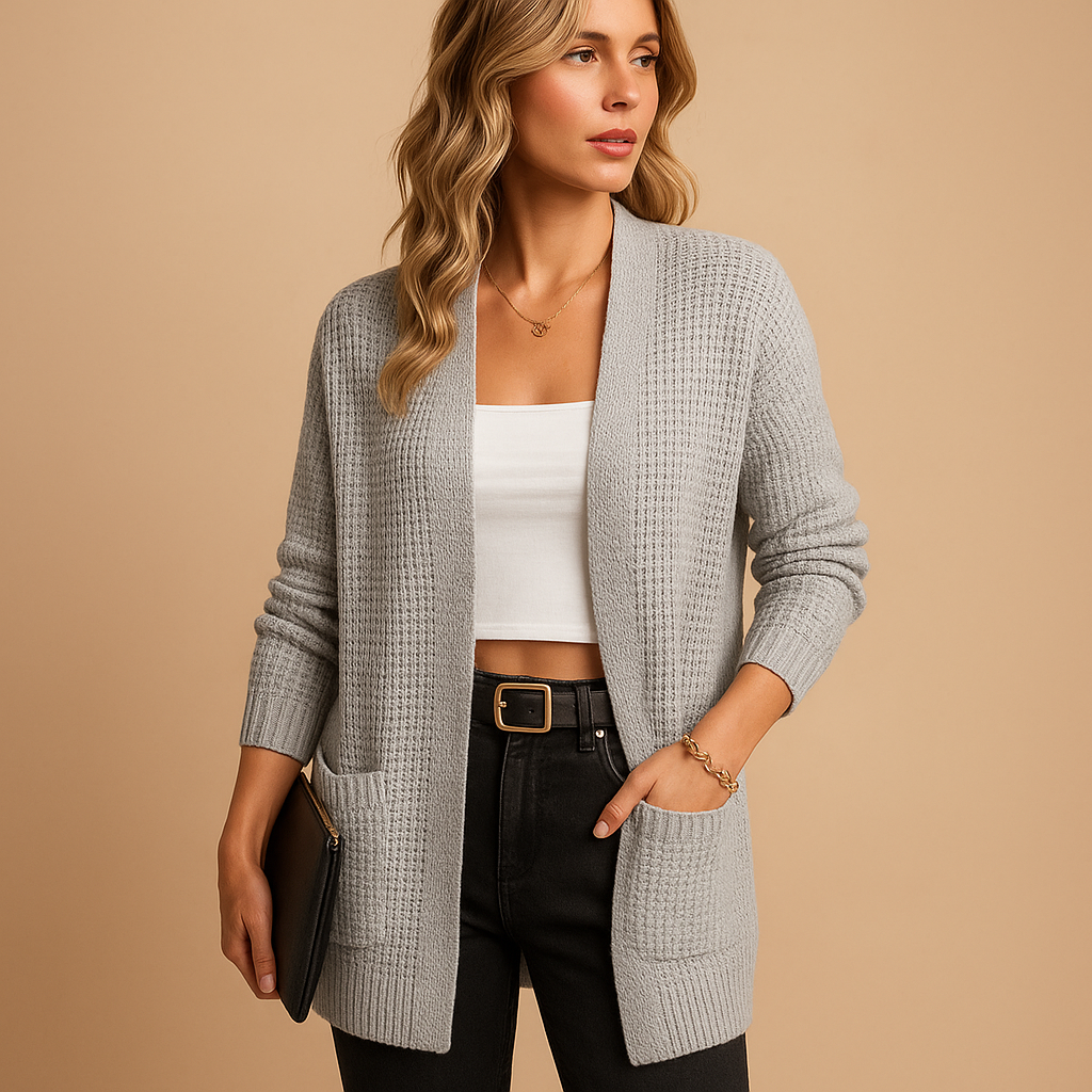 Women’s long V-neck cardigan with relaxed fit, breathable soft fabric, and solid colors. Ideal for work, casual wear, or winter layering.